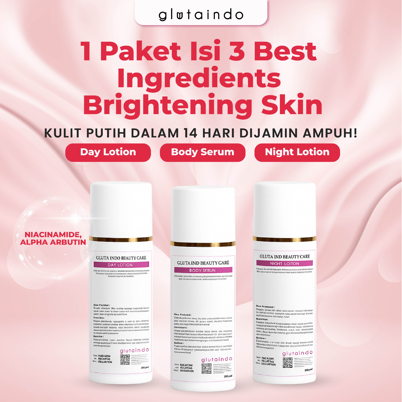 Paket Glutaindo Brightening Body Care 3 Tahap - Day Lotion Night Lotion Body Serum BPOM